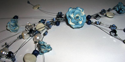 collana, fimo, perle di fiume, agata blu, cristalli